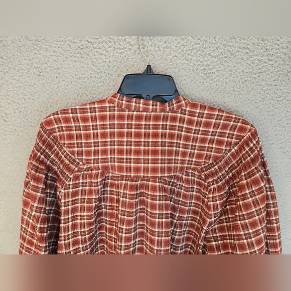 Tresure & Bond Womens Pull Over Top Sz L Rust Plaid Ballon Sleeves Relaxed Fit - Picture 10 of 11